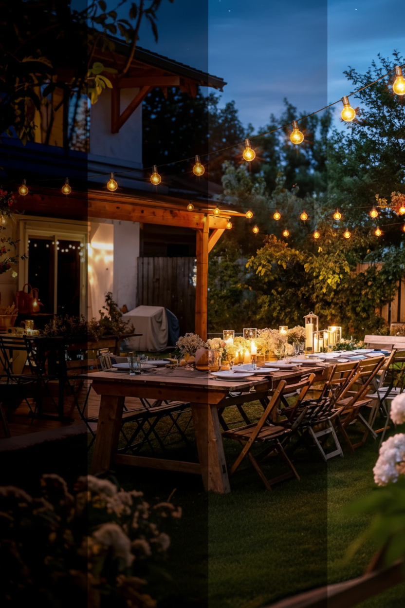 G40 String Lights Night Outdoor Dining Scene