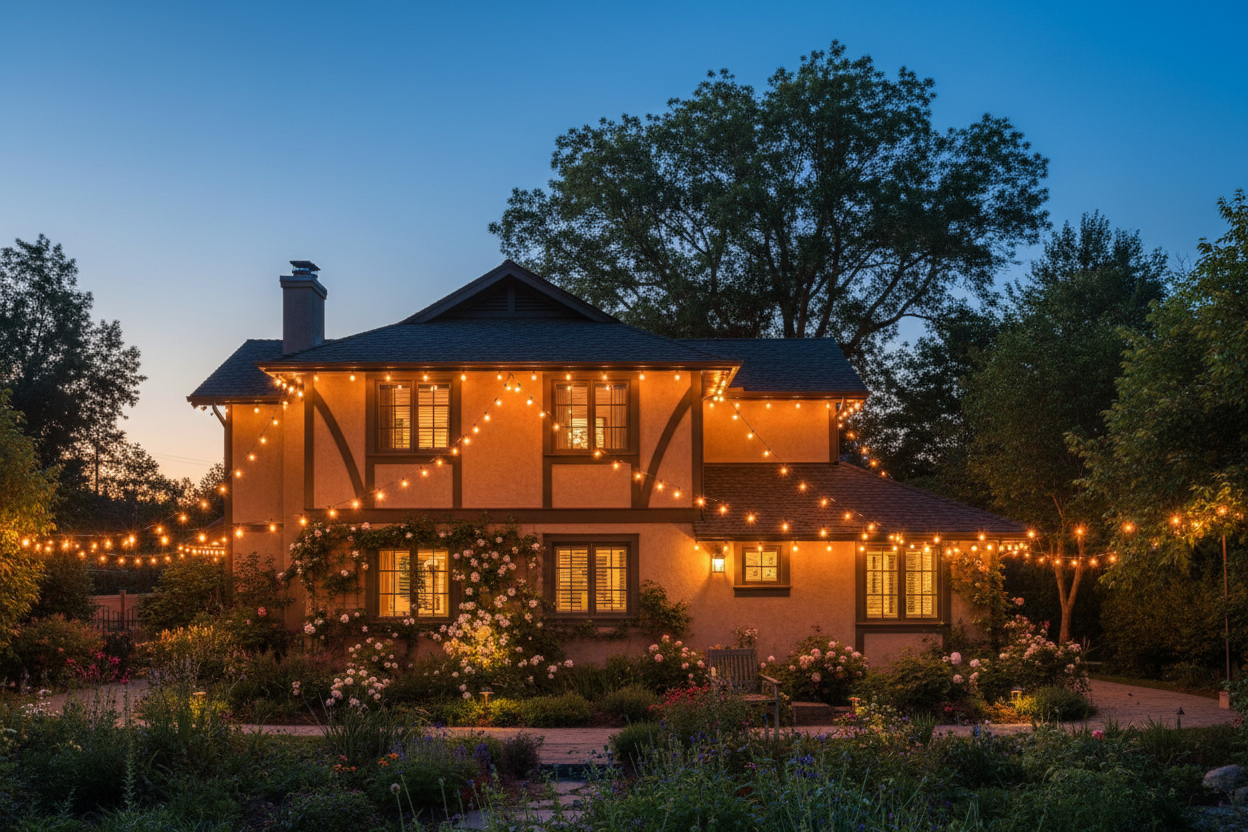 G40 String Lights on House Exterior
